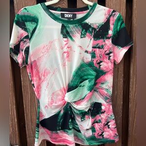 DKNY Woman’s green, black, white, & pink blouse